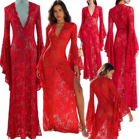 Alexandra Miro Dresses & Skirts - 🆕 ALEXANDRA MIRO 🧿 NWOT Kara Long Boylen Sleeve Kaftan, Red Lace - Sz XS